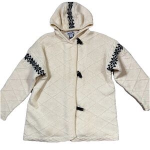 Vtg Obermeyer Nordic Wool Hooded Cardigan Toggle Sweater Womens Large Fair Isle